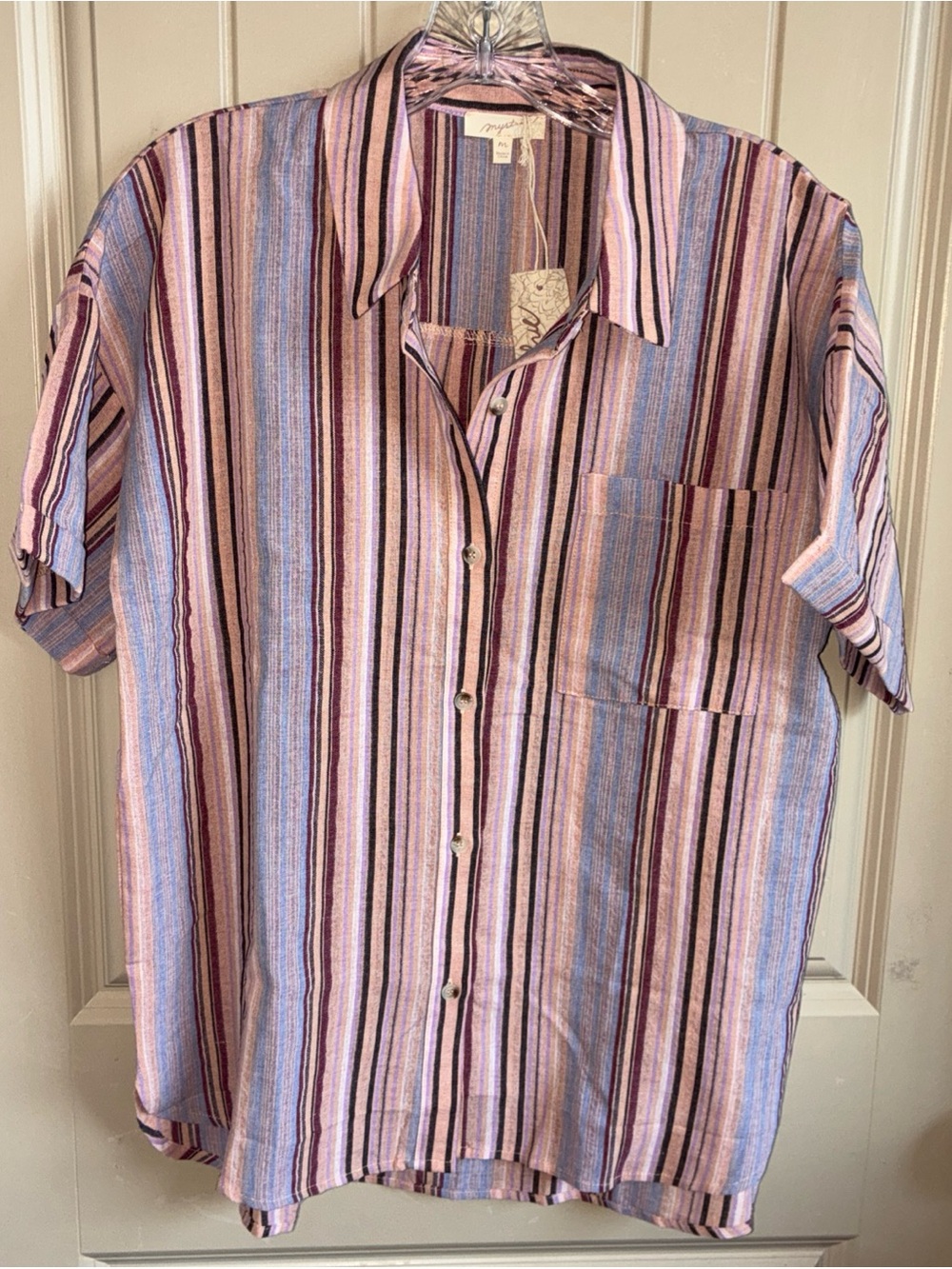 Mystree Pink, Blue & Brown Striped Short-Sleeve Button-Down